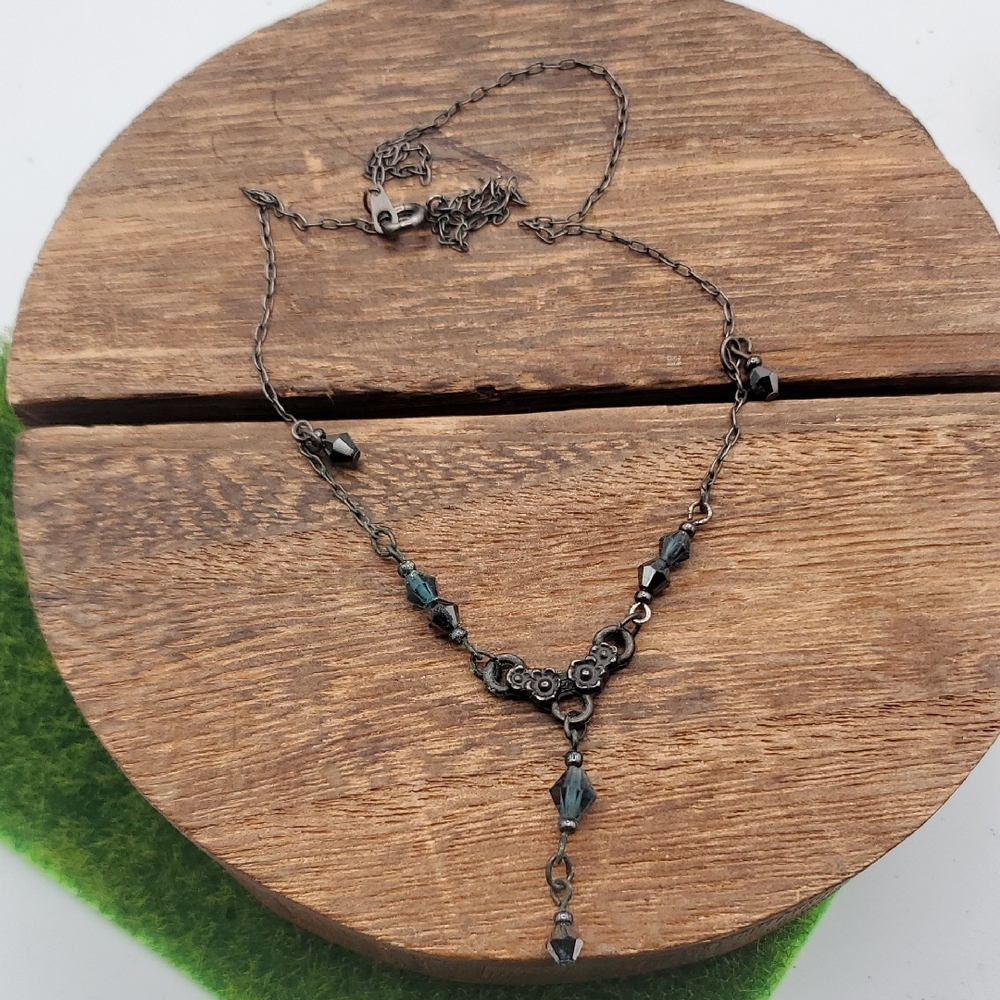 Delicate Blackened Metal Y-Necklace with Dark Teal Crystal Accents 18 Inch N3923